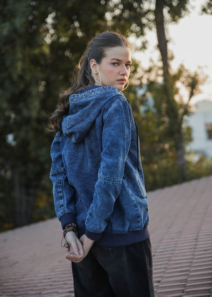 Women's Denim Hoodie in Blue with Zipper