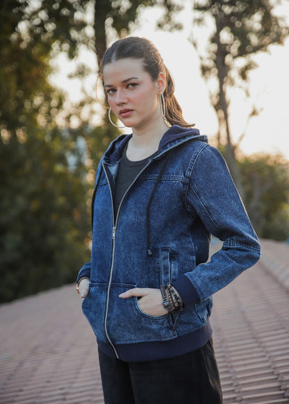 Women's Denim Hoodie in Blue with Zipper