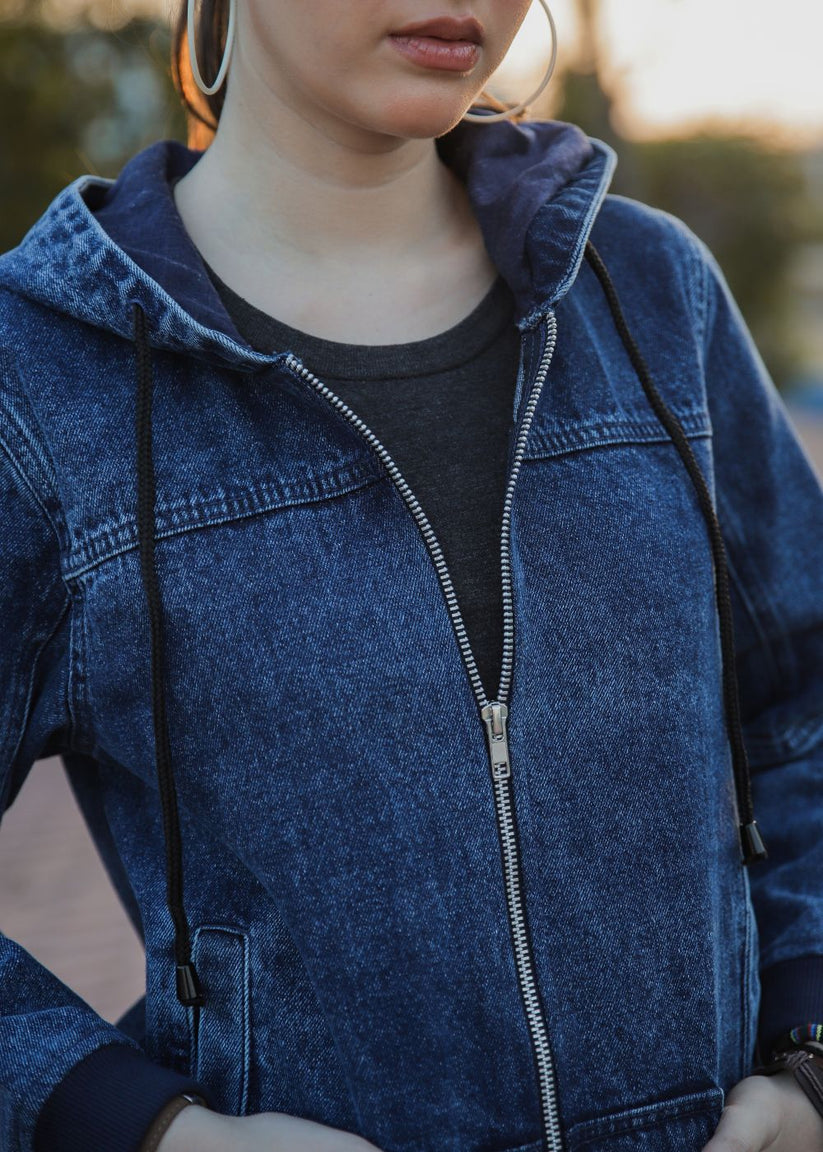 Women's Denim Hoodie in Blue with Zipper