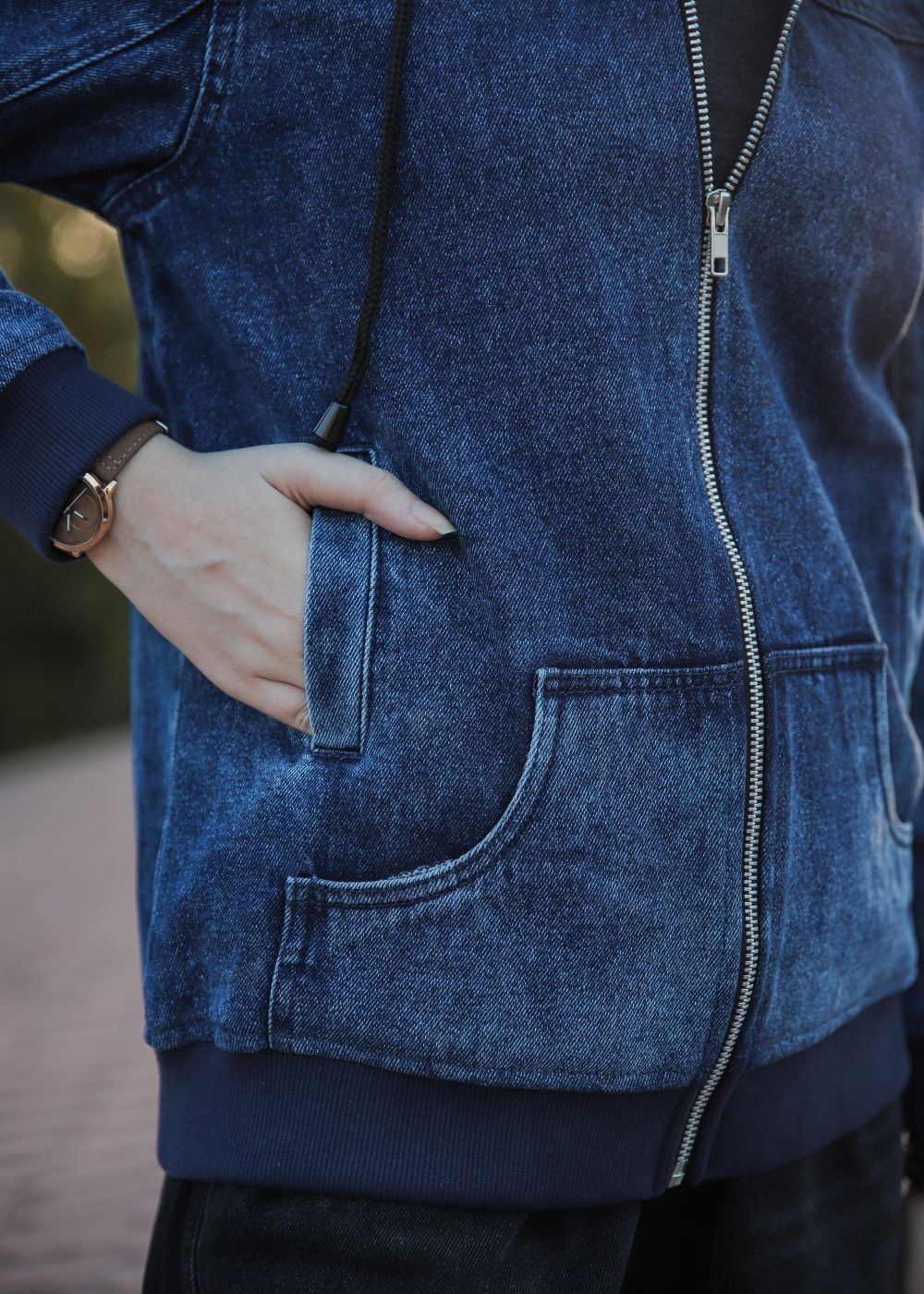 Women's Denim Hoodie in Blue with Zipper