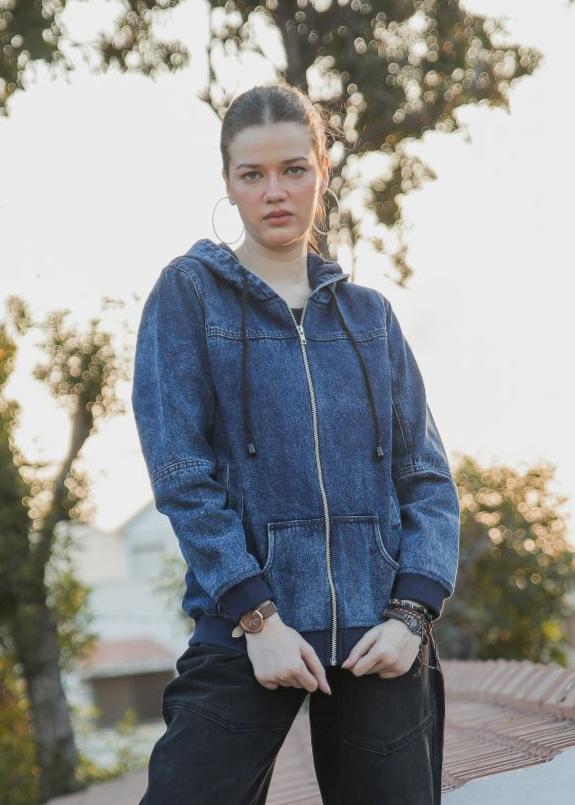 Women's Denim Hoodie in Blue with Zipper