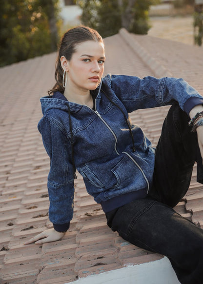 Women's Denim Hoodie in Blue with Zipper