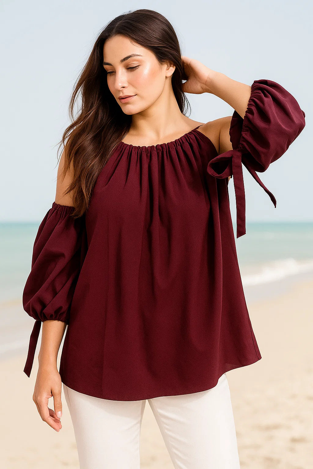 Women's Halter Top in Maroon with a Unique Straw String and Knot Detail