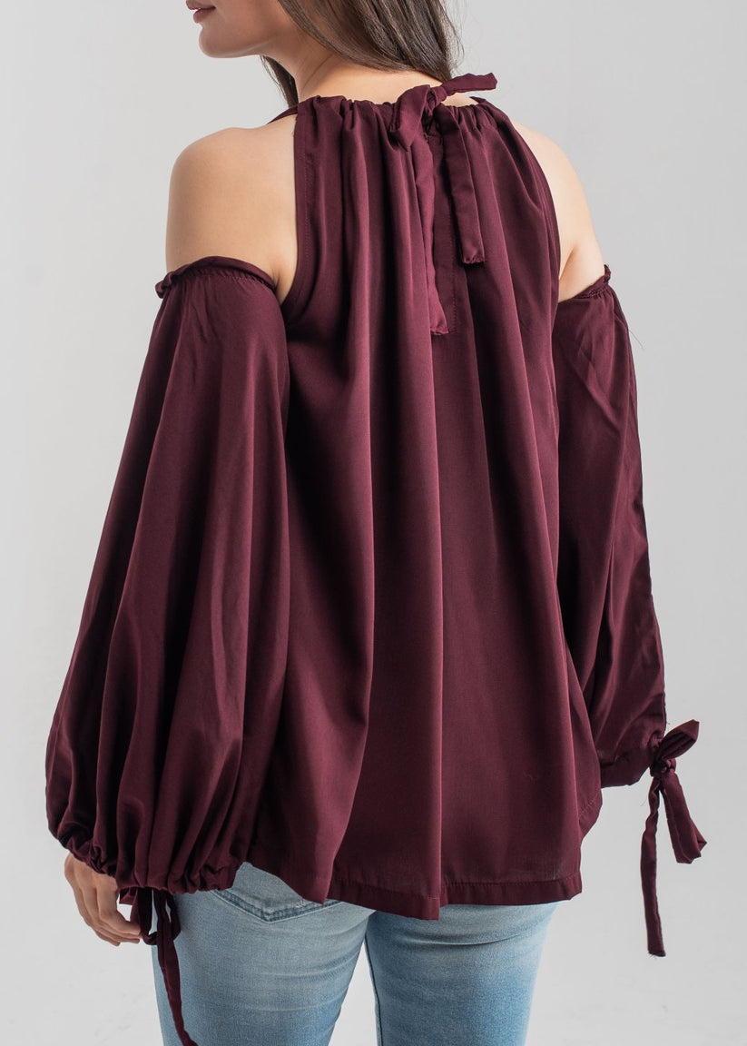 Women's Halter Top in Maroon with a Unique Straw String and Knot Detail