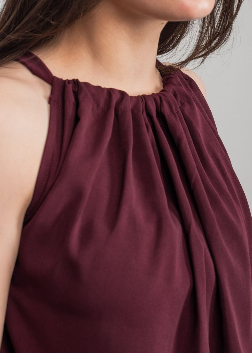 Women's Halter Top in Maroon with a Unique Straw String and Knot Detail