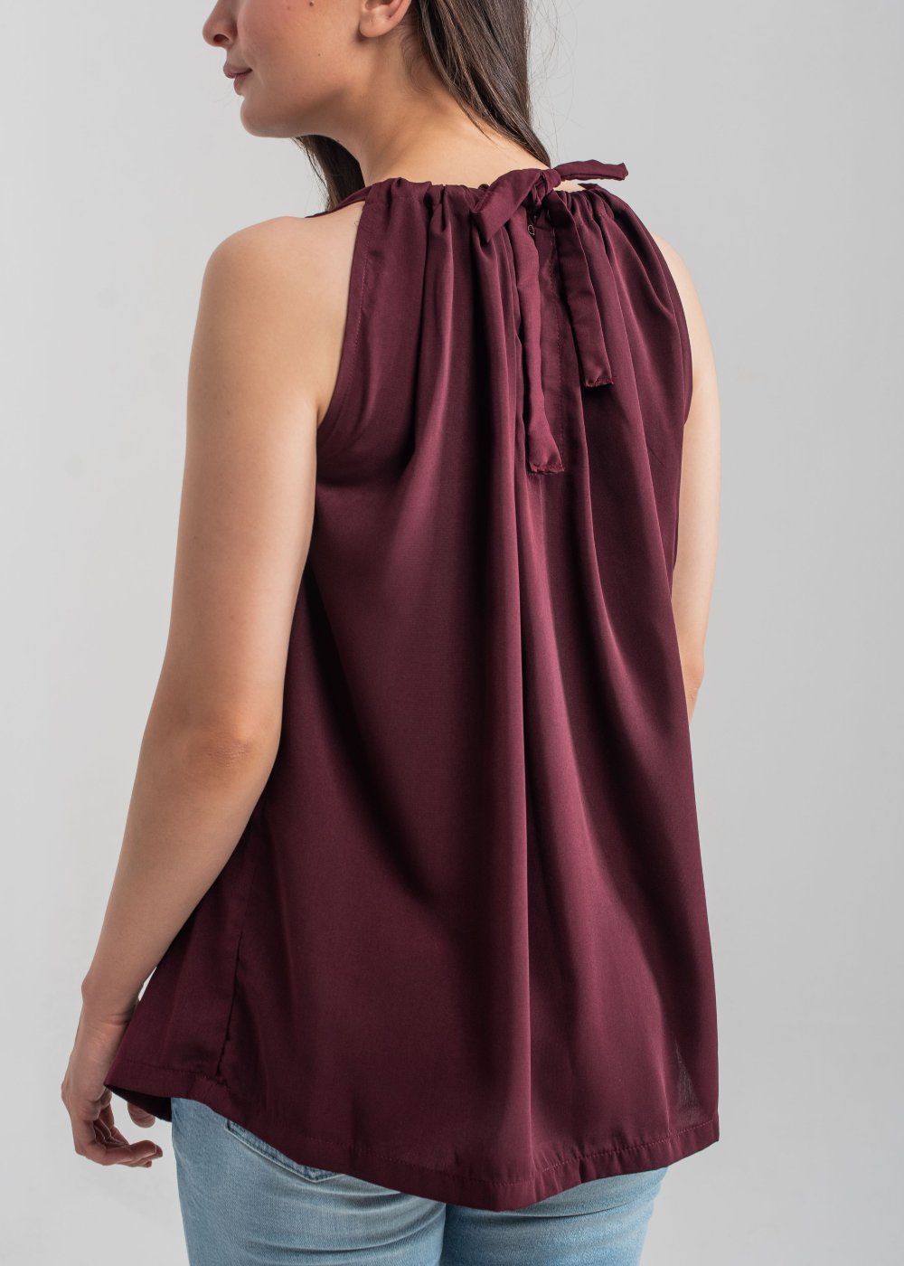 Women's Halter Top in Maroon with a Unique Straw String and Knot Detail
