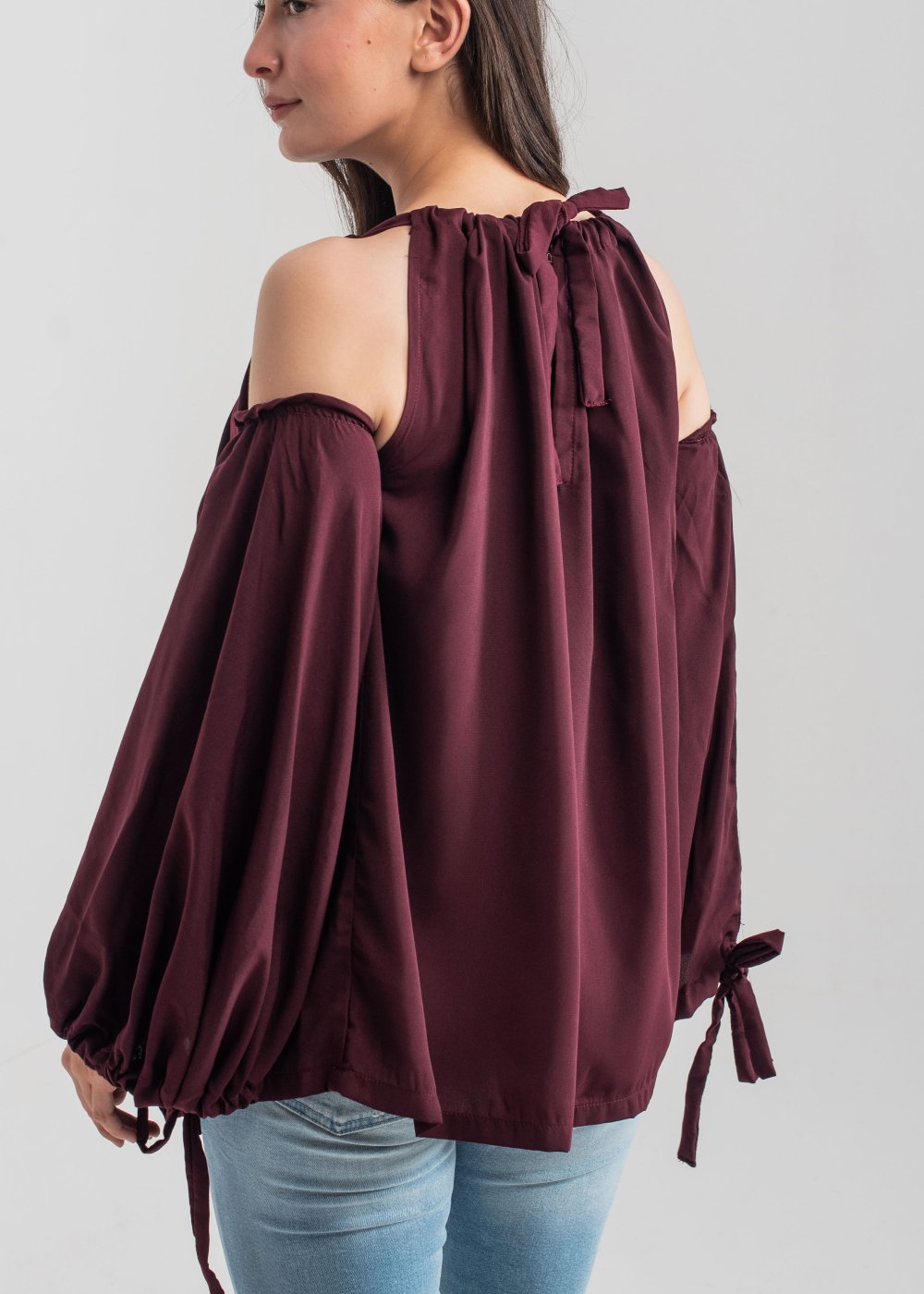 Women's Halter Top in Maroon with a Unique Straw String and Knot Detail