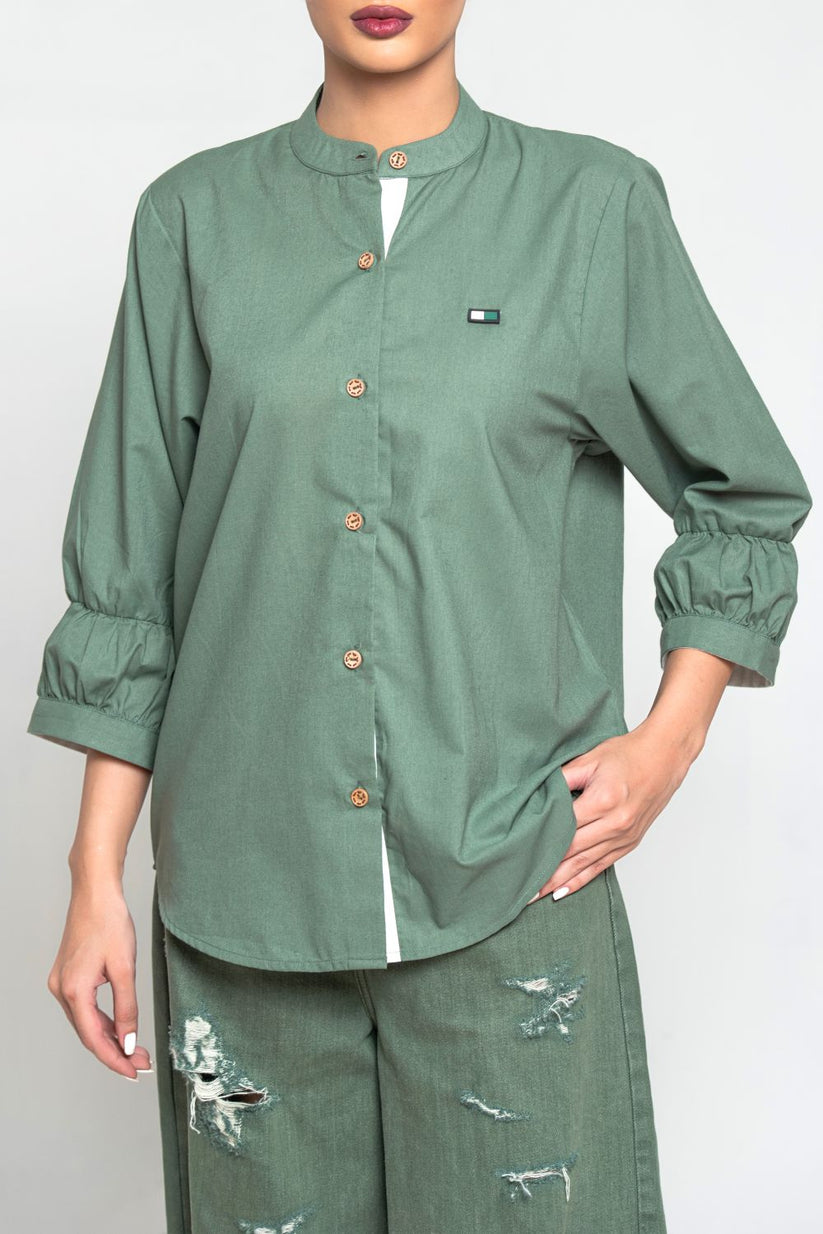Women's Kurta Collar Shirt in Olive Green with a Traditional Collar and Front Pockets, Paired with Frayed Hem Pants