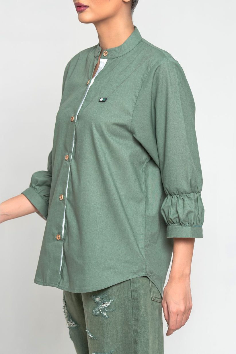 Women's Kurta Collar Shirt in Olive Green with a Traditional Collar and Front Pockets, Paired with Frayed Hem Pants