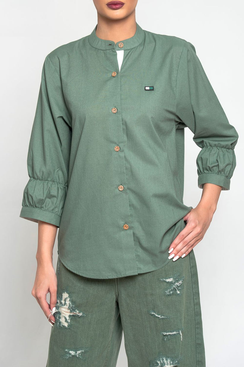 Women's Kurta Collar Shirt in Olive Green with a Traditional Collar and Front Pockets, Paired with Frayed Hem Pants