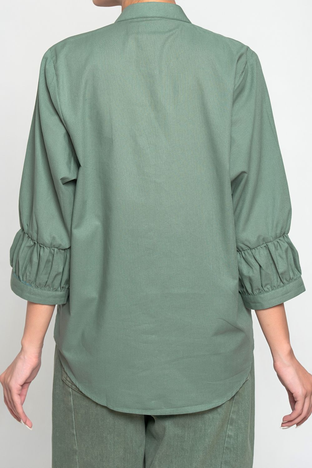 Women's Kurta Collar Shirt in Olive Green with a Traditional Collar and Front Pockets, Paired with Frayed Hem Pants