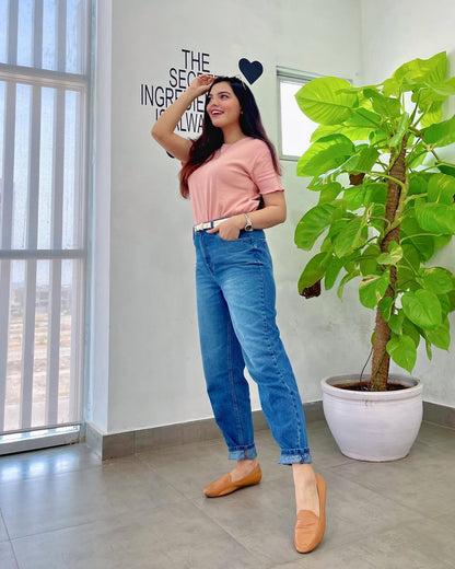 Women's Mom Jeans in Blue with a Straight Style and a High, Rounded Waist.