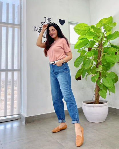 Women's Mom Jeans in Blue with a Straight Style and a High, Rounded Waist.