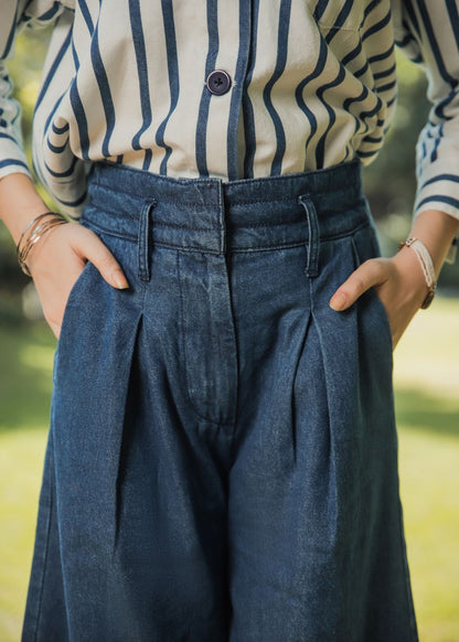 Women's Palazzo Pants in Blue Featuring a Relaxed Loose Fit Style