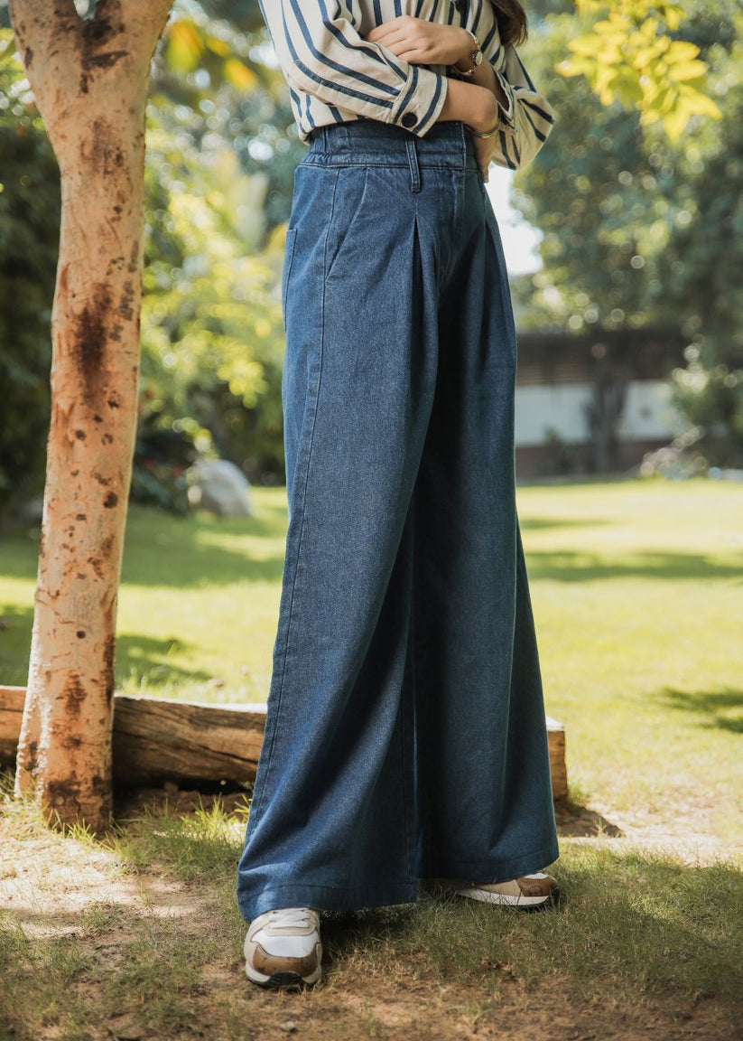 Women's Palazzo Pants in Blue Featuring a Relaxed Loose Fit Style