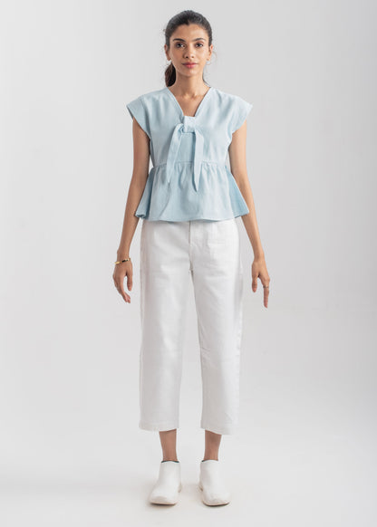 Women's Peplum Top in Pastel Blue with a Bow in Front