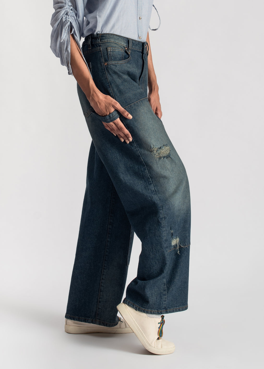 women's skater jeans in blue with a subtle green tint