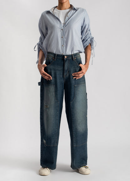 women's skater jeans in blue with a subtle green tint
