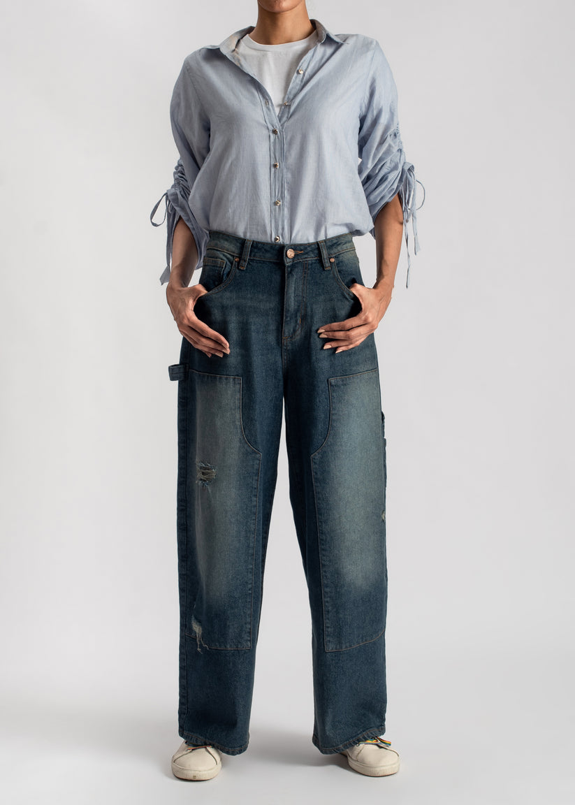 women's skater jeans in blue with a subtle green tint