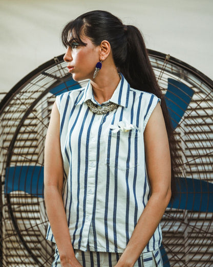 Women's Summer Coord Set with Blue and White Stripes