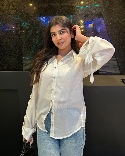Women's White Button Down Shirt with Stringed Sleeves