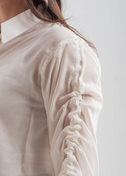 Women's White Button Down Shirt with Stringed Sleeves