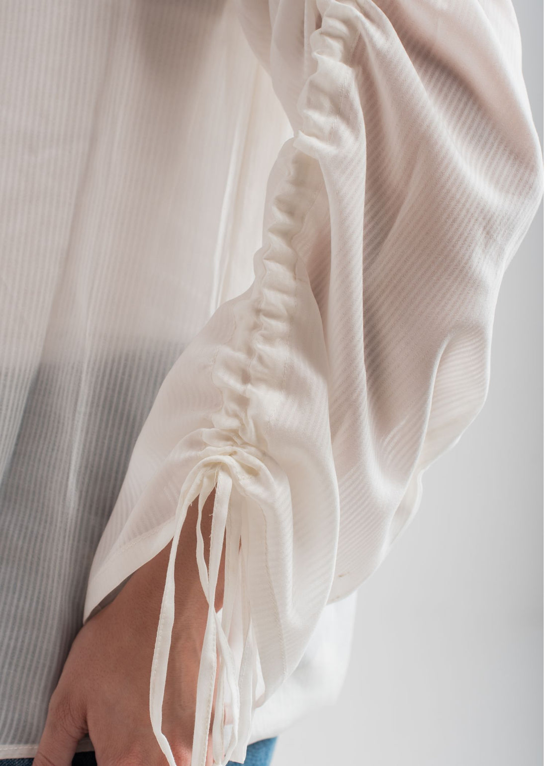 Women's White Button Down Shirt with Stringed Sleeves