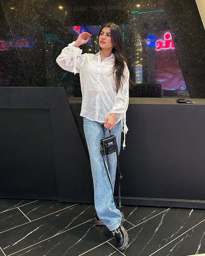 Women's White Button Down Shirt with Stringed Sleeves