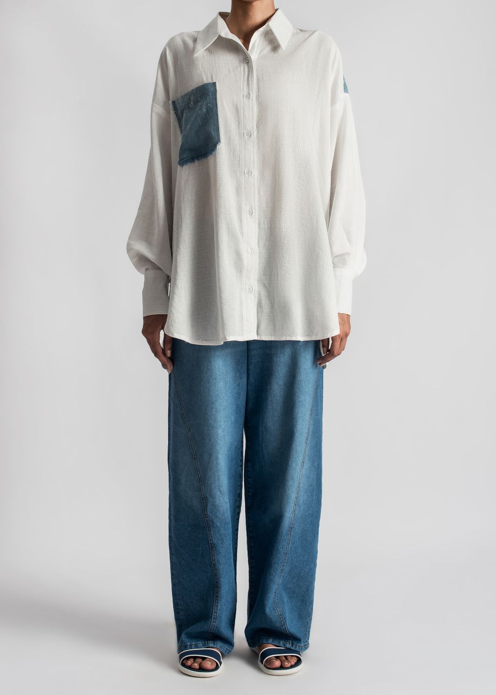 Women's White Loose Shirt Featuring a Frayed Denim Pocket and Back Patch