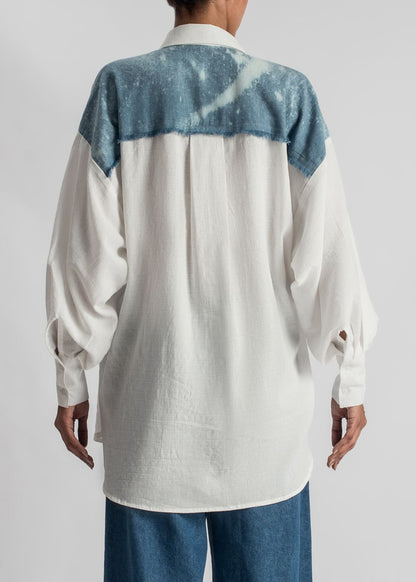 Women's White Loose Shirt Featuring a Frayed Denim Pocket and Back Patch