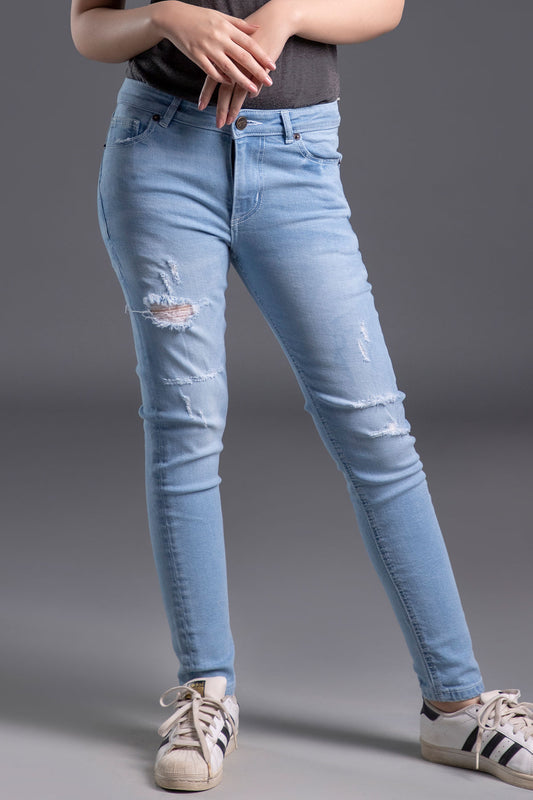 Mid Rise Stretchable Ripped Jeans (Ice Blue)