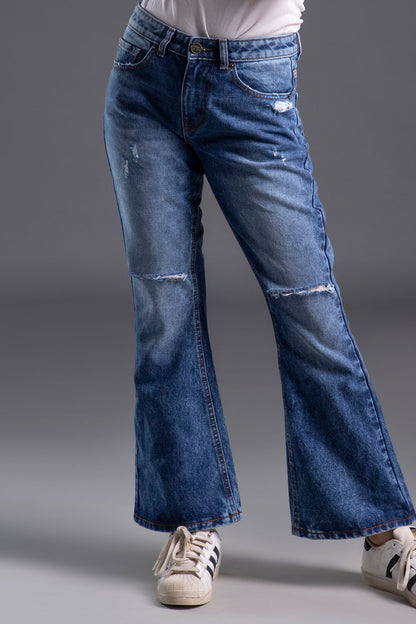 Mid Rise Ripped Bootcut Denim Jeans (Midnight Blue)