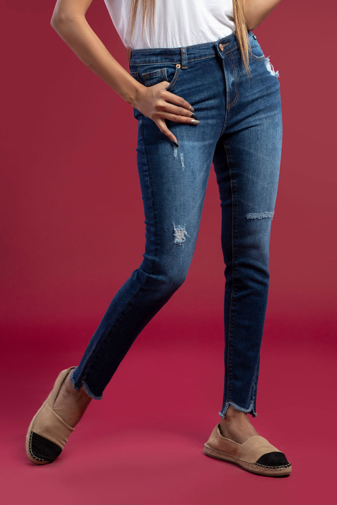 Mid Rise Stretchable Ripped Jeans (Dark Blue)
