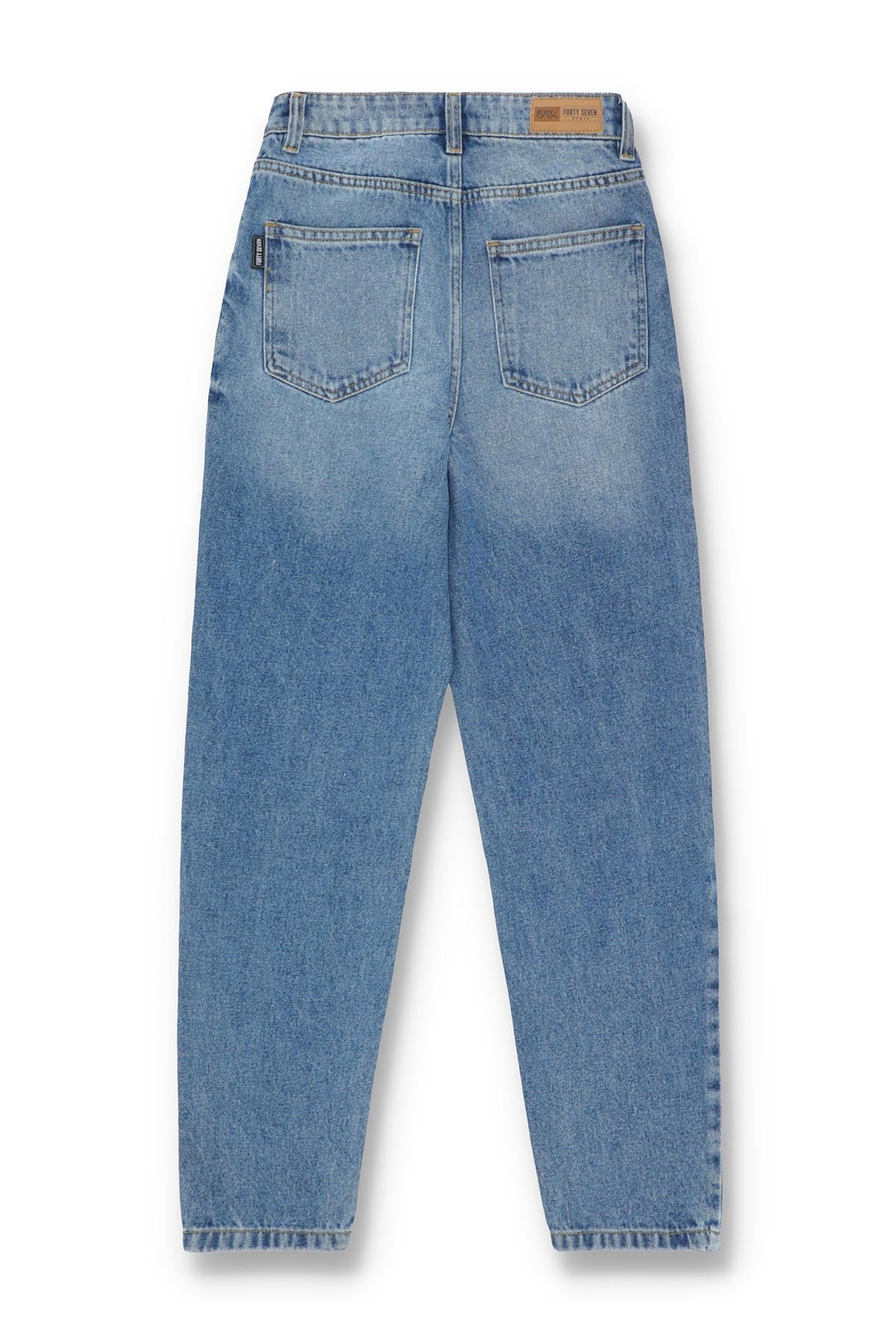 Women's Mom Jeans in Blue with a Straight Style and a High, Rounded Waist.