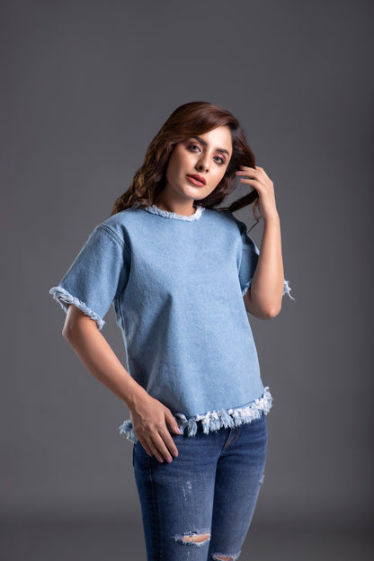 Denim Crew Neck Shirt with Half Sleeves and a Zip Fasted at the Back