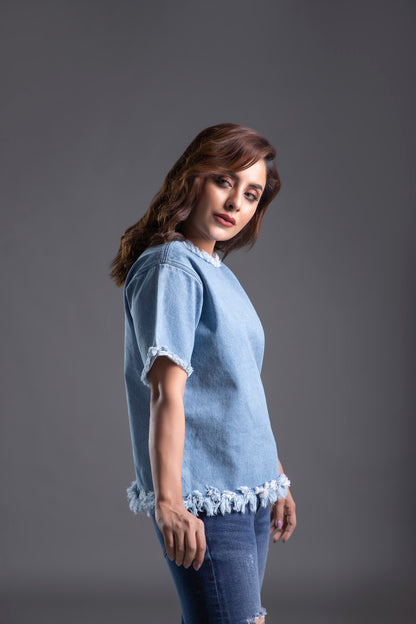 Denim Crew Neck Shirt with Half Sleeves and a Zip Fasted at the Back