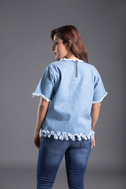 Denim Crew Neck Shirt with Half Sleeves and a Zip Fasted at the Back
