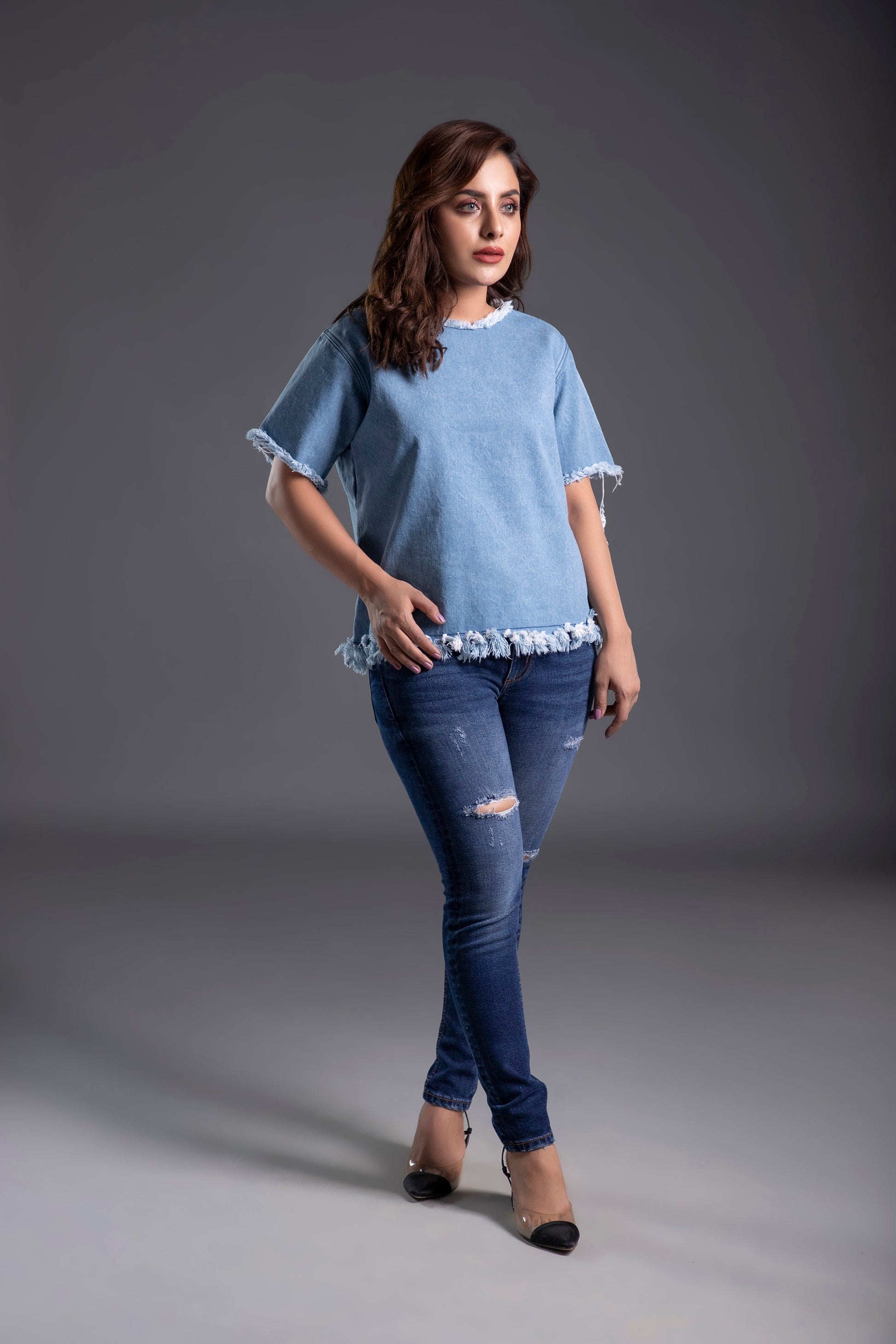 Denim Crew Neck Shirt with Half Sleeves and a Zip Fasted at the Back