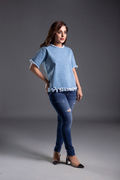 Denim Crew Neck Shirt with Half Sleeves and a Zip Fasted at the Back