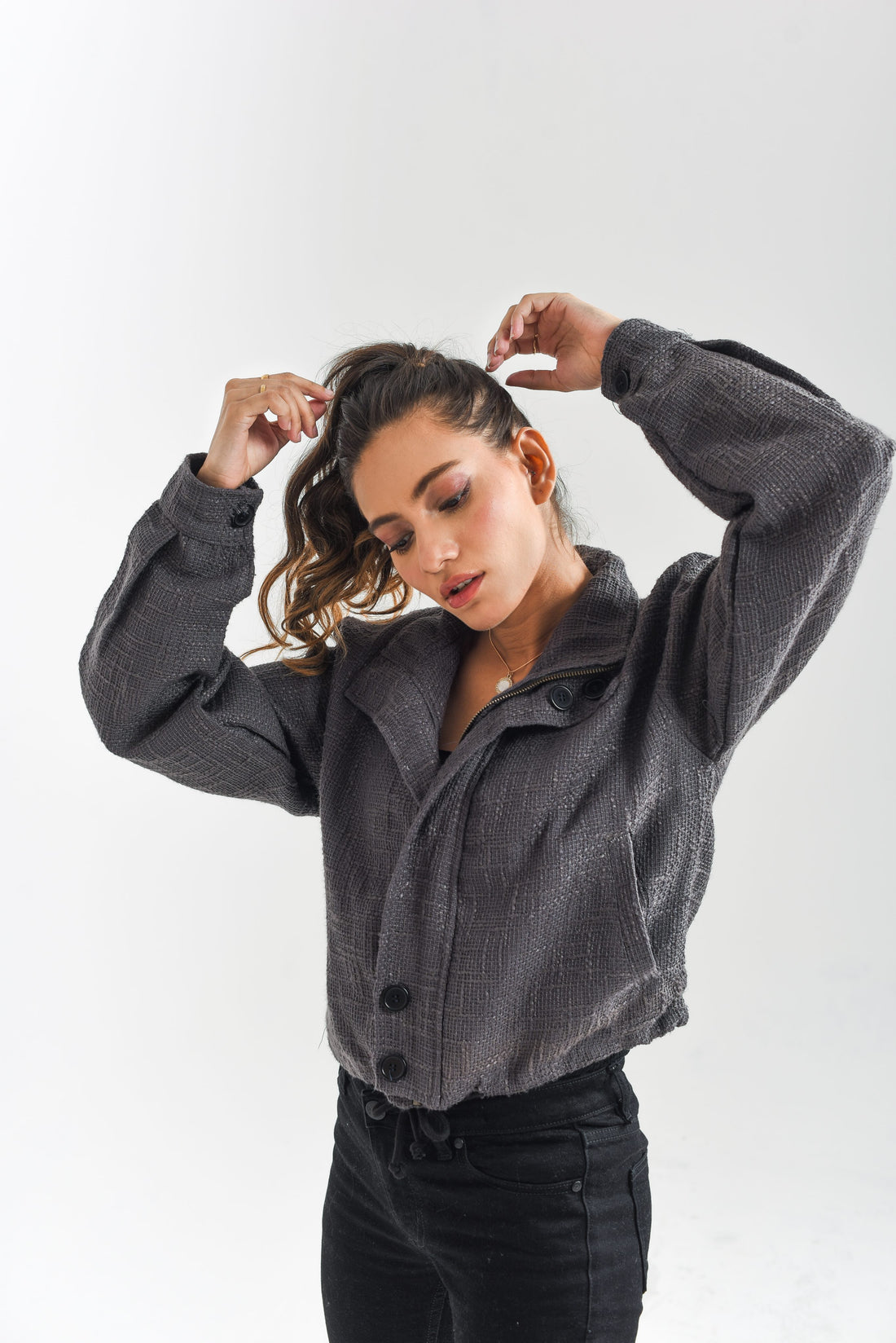 Women's long-sleeve zip jacket in grey with a crew neckline