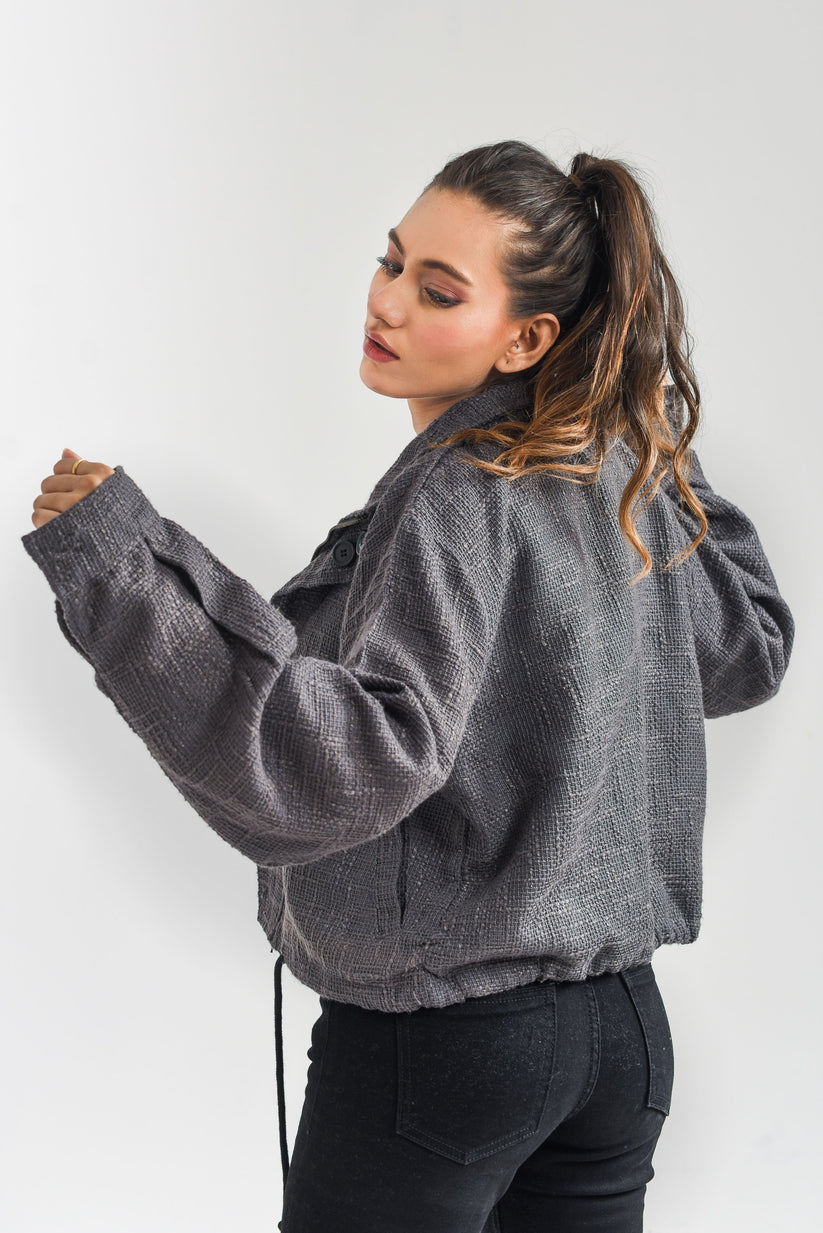 Women's long-sleeve zip jacket in grey with a crew neckline