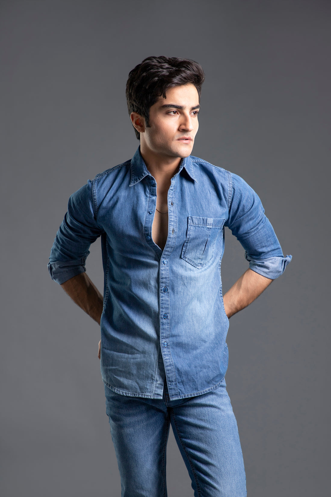 Men's blue textured casual shirt with washed finish and relaxed fit