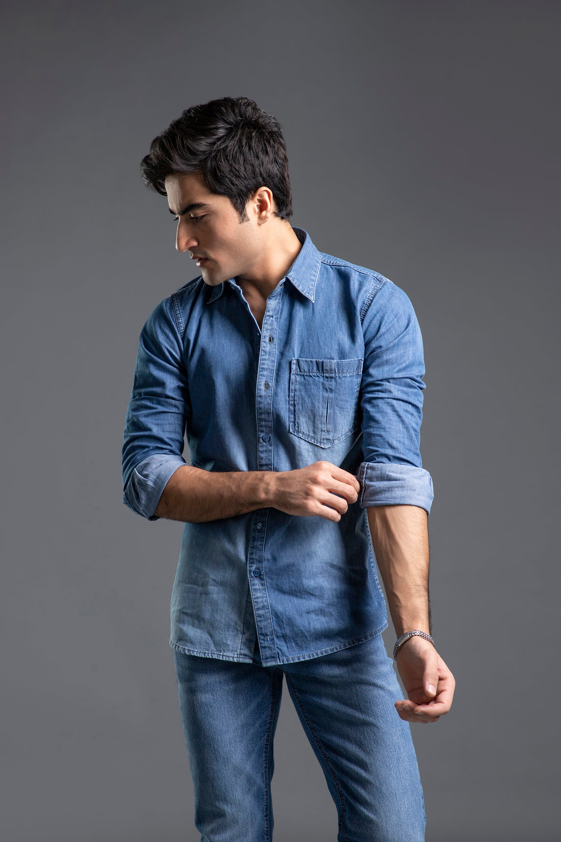 Men's blue textured casual shirt with washed finish and relaxed fit