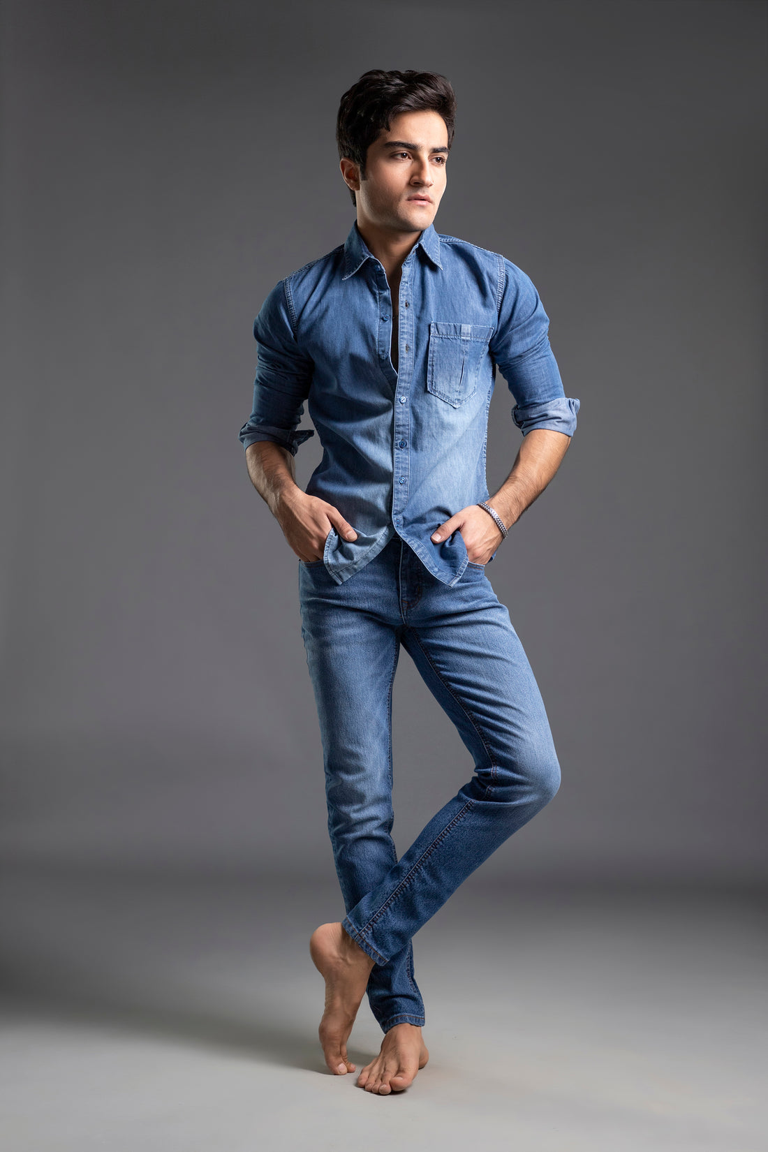 Men's blue textured casual shirt with washed finish and relaxed fit
