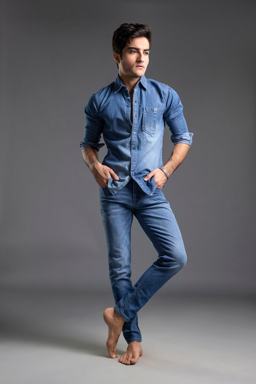 Men's blue textured casual shirt with washed finish and relaxed fit