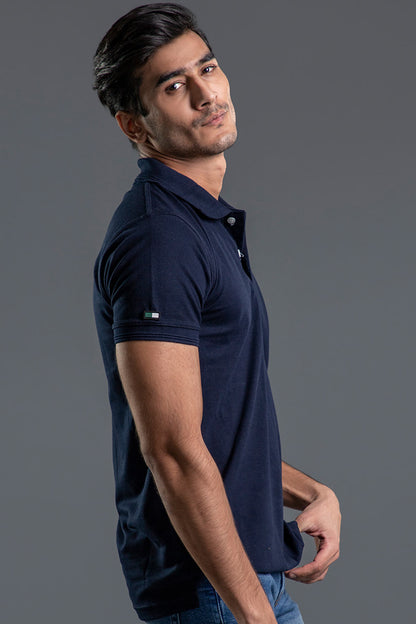 Men's regular fit navy blue polo shirt with classic collar