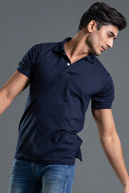 Men's regular fit navy blue polo shirt with classic collar