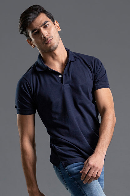 Men's regular fit navy blue polo shirt with classic collar