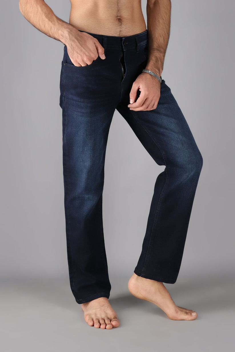 Men's slim fit dark blue jeans with whiskered wash detailing