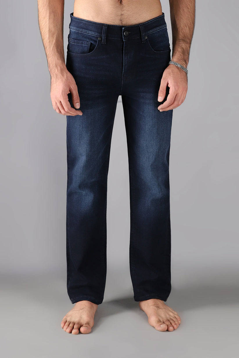 Men's slim fit dark blue jeans with whiskered wash detailing